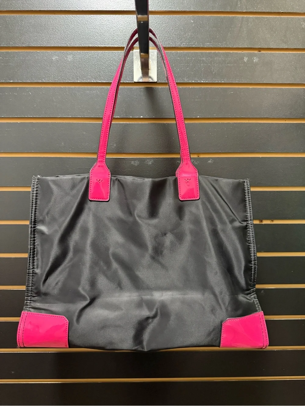 Tory Burch Ella Nylon Tote Black Hot Pink Patent Leather Large Bag